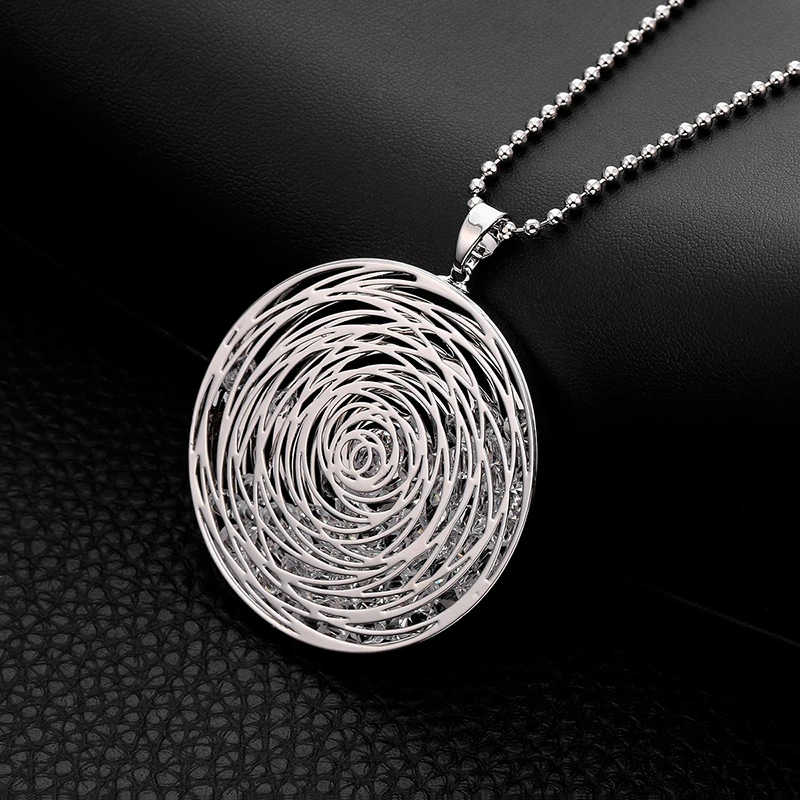 Long Necklaces For Women Gold Silver Plated Round Pendant Sweater Accessory Fashion Statement Jewelry Crystal Necklace Gift 2021