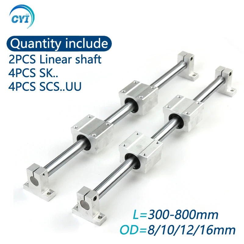 2Pcs Linear Rail Shaft OD8/10/12mm 300-800mm Optical Axis 4Pcs SCS8/10/12UU Linear Bearing Blocks 4Pcs SK8/10/12 Bearing Support