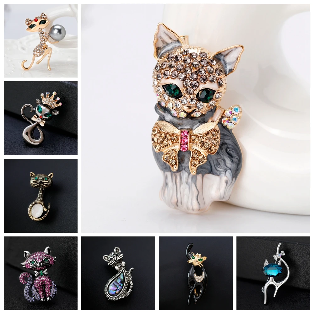 Lively Pride Cat Brooch for Party Shell Metal Crown Blue Crystal Enamel Pin Black Animal Brooch Women Jewelry Accessories