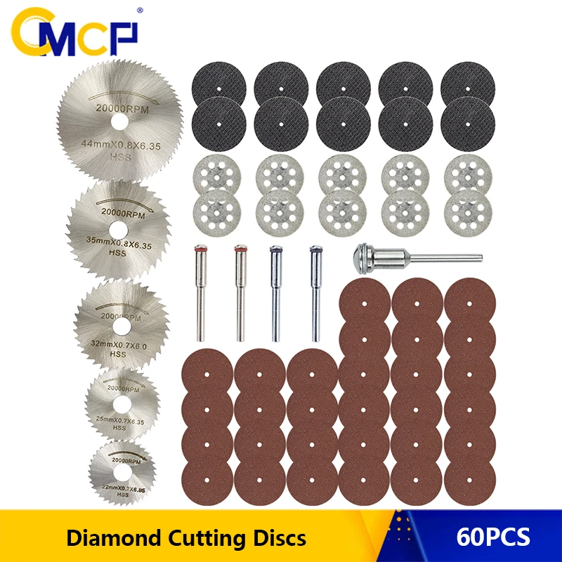 CMCP 60pcs HSS Mini Circular Saw Blade Set Resin Cut-Off Wood Cutting Disc Diamond Metal Saw Blade Power Tools for Dremel Drill