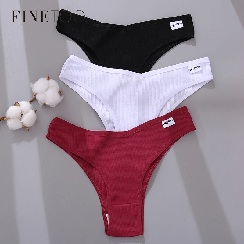 FINETOO 3Pcs/set Women Cotton Brazilian Panties M-XL Female T-back Underpants Sexy V Waist Underwear Ladies Soft Bikini Panty