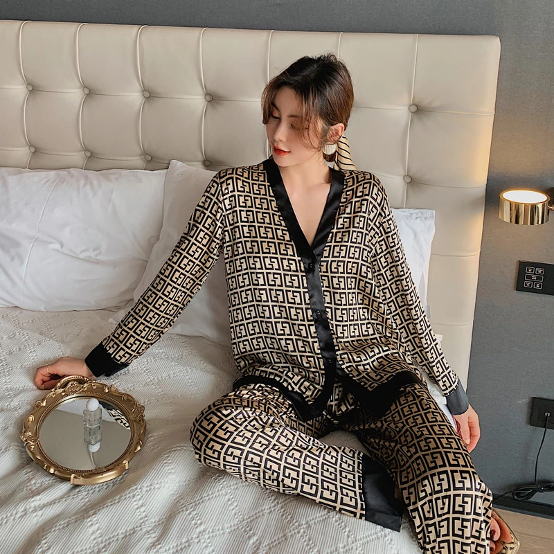 QSROCIO Women's Pajamas Set Luxury Style V Neck Sexy Short Sleeve Sleepwear Silk Like Leisure Home Clothes Nightwear XXL Femme