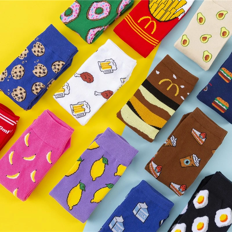 Hot Sales Funny Socks Women Casual Cartoon Fruit Banana Avocado Lemon Egg Cookie Donuts Happy Japanese Harajuku Skateboard Socks