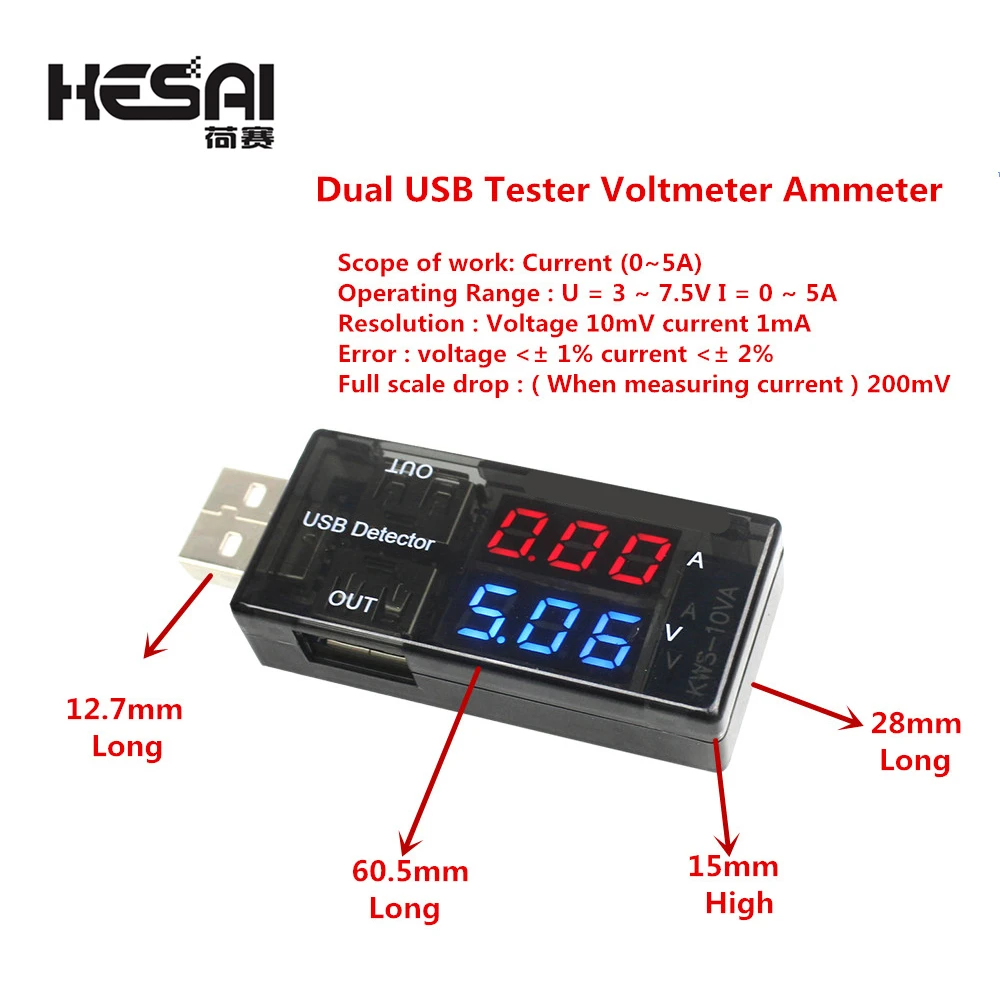 Red+Blue Dual USB Current Voltage Charging Detector Tester Battery Voltmeter Ammeter Charger Doctor