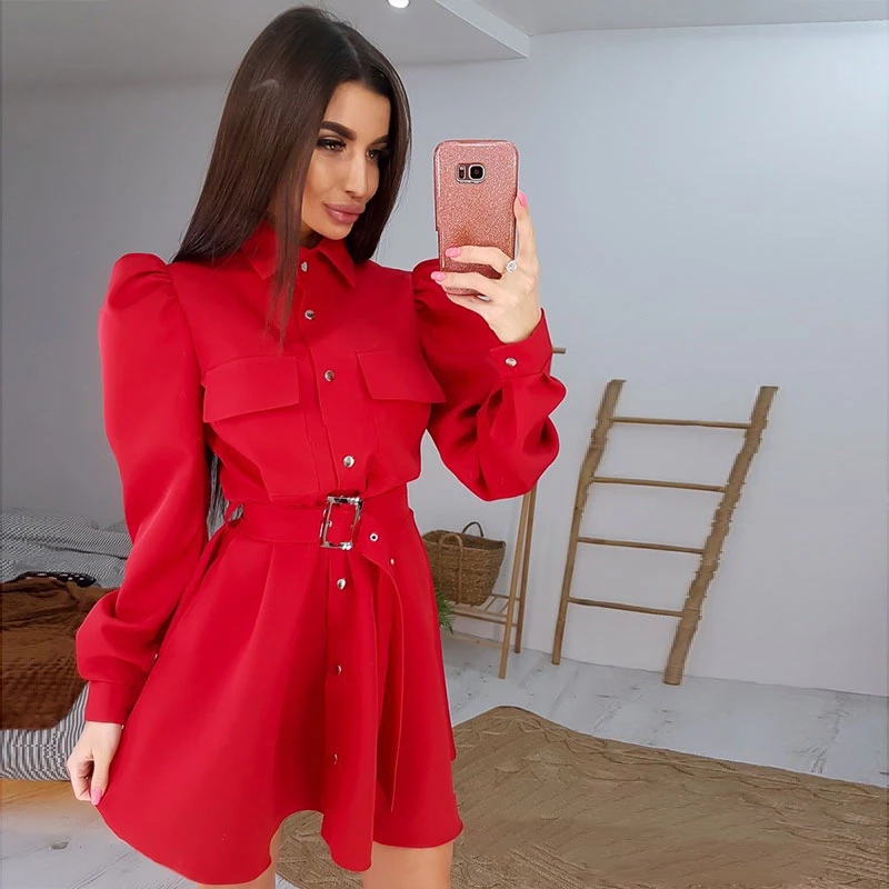 MOARCHO Puff Sleeve Belt Party Dress Female Turn Down Collar A Line Mini Dresses For Women 2021 High Waist Single Breasted