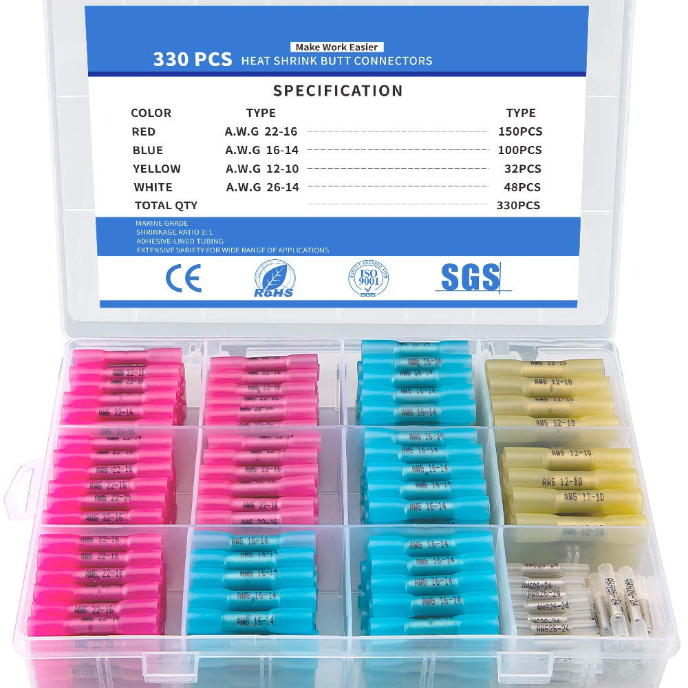 330/200/100PCS Heat Shrink Butt Connectors-Waterproof Electrical Wire Connectors-Insulated Crimp Connectors Butt Splice