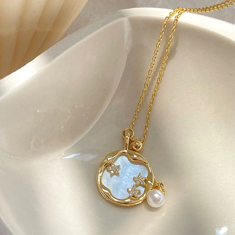 Trendy Exquisite 14K Real Gold Plated Round Pearl Stars Chain Pendant Necklace for Women AAA Zirconia Temperament Jewelry Gift