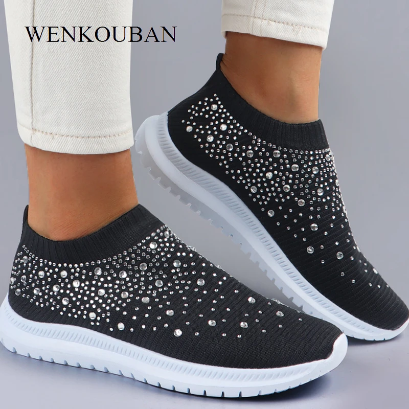 Summer Sneakers Women Flat Shoes Crystal Fashion Bling Sneakers Casual Slip On Sock Trainers Ladies Vulcanize Shoes Basket Femme