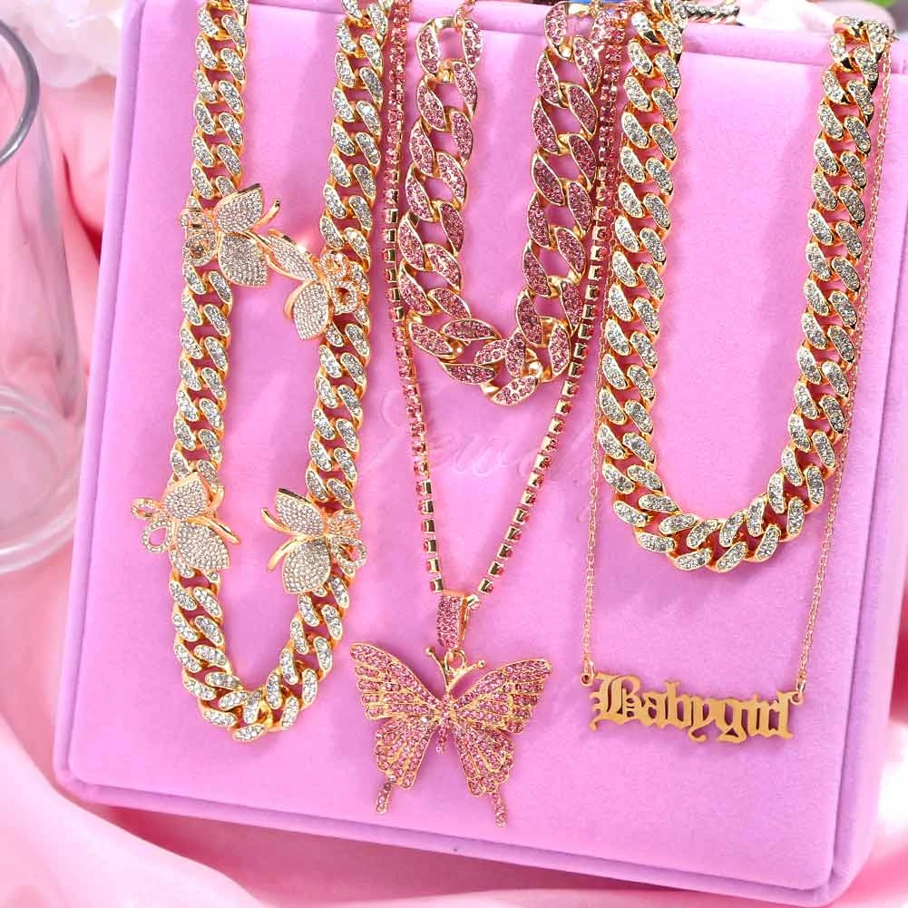Flatfoosie Iced Out Full Rhinestone Cuban Chain Necklace Women Multilayer Crystal Butterfly Letter Pendant Necklace Punk Jewelry