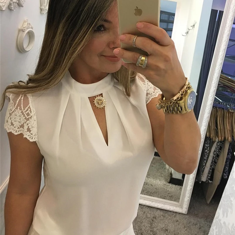 Summer Women Chiffon Blouses  Stand Collar Lace Short Sleeves Elegant Lady's Shirts Lace Patchwork Blouse Sexy Shirts