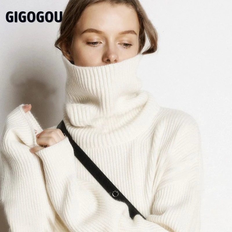 GIGOGOU Cashmere Sweater Women Turtleneck Pullovers Top Solid Korean Lady Jumper Oversized Winter Wool Knit Christmas Sweaters