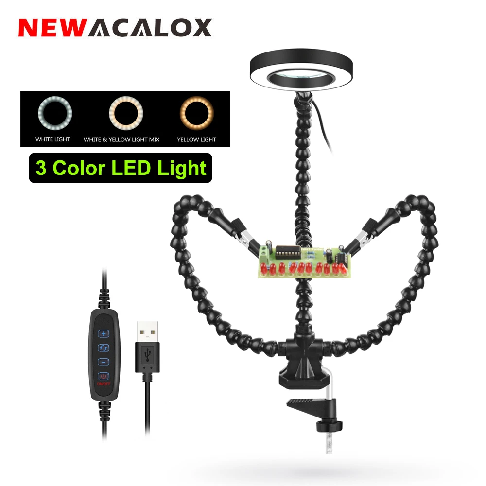 NEWACALOX Soldering Holder 3X LED Magnifier Table Clamp PCB Welding Third Hand Helping Hand Tool for Soldering Assembly Repair