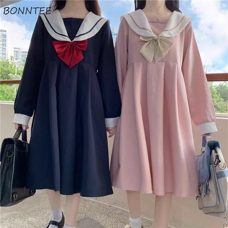 A-line Dress Women Sweet Kawaii Japanese Style College Autumn New Sailor Collar Patchwork Bow Fashion Leisure Loose Popular Chic