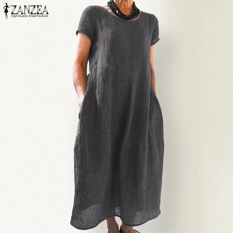 ZANZEA 2021 Elegant Linen Midi Dress Women's Summer Sundress vintage Short Sleeve Tunic Vestido Female O Neck Pleated Robe Femme