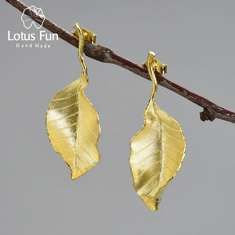 Lotus Fun Real 925 Sterling Silver Luxury  Elegant Autumn Large Leaves Stud Earrings for Women 2021 Trend New 18K Gold Jewelry