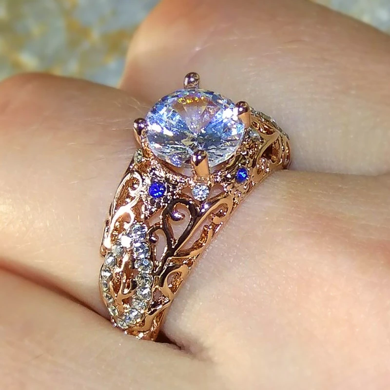 Huitan Romantic Hollow Out Bridal Wedding Rings Rose Gold Color Vintage Party Female Ring Brilliant CZ Fashion Jewelry for Women