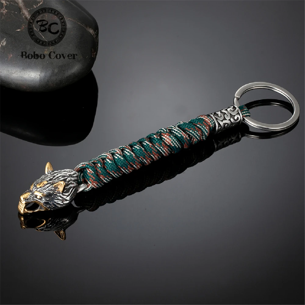 Vintage Celtic wolf Keychains Vikings Knife Pendant Stainless Steel Paracord Rope Survival Keyring Handmade Male Bag Accessories