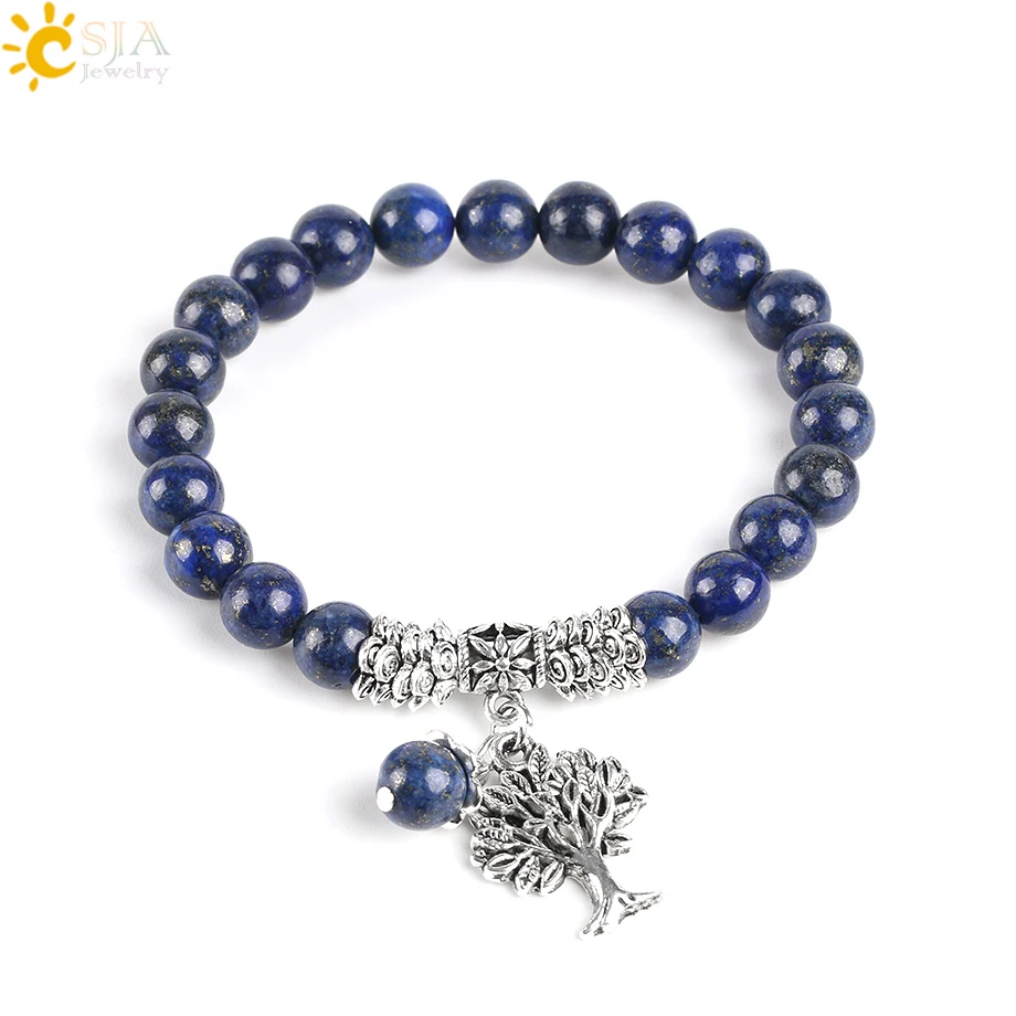 CSJA Chakra Natural Stone Lapis Lazuli Bracelets Tree of Life Bracelet Mala Beads Reiki Healing Meditation Energy Bangles E747