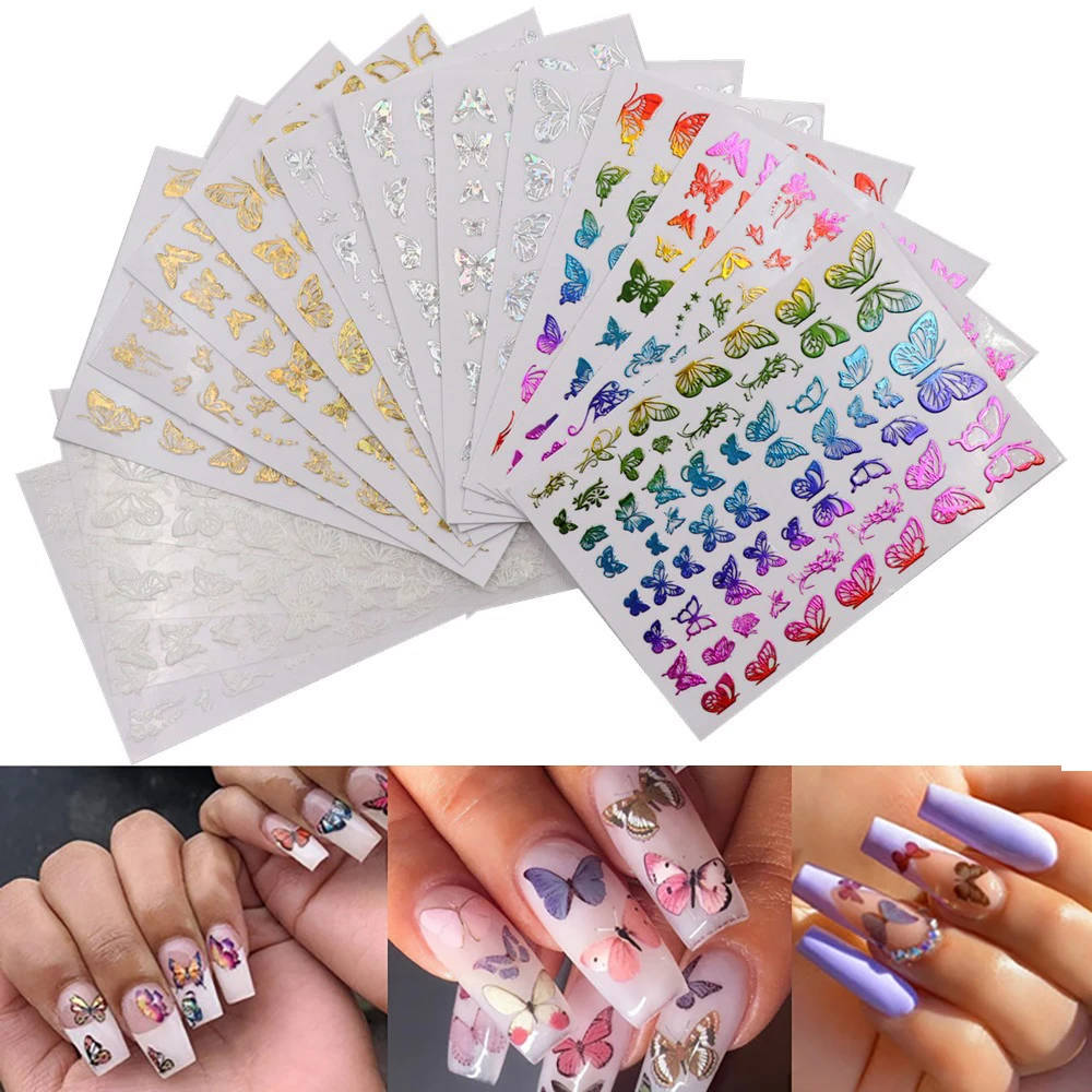 16 Sheets/Pack Mixed Design 3D Butterfly Nail Art Stickers Laser Holographic DIY Nail Decoration Self Adhesive Manicure Decals