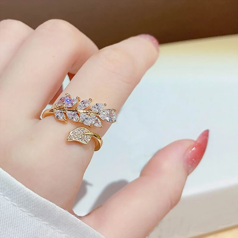 Micro Pave Zircon Leaf Rings For Women Etrendy New Jewelry Classic Shinning Open Ring Adjustable