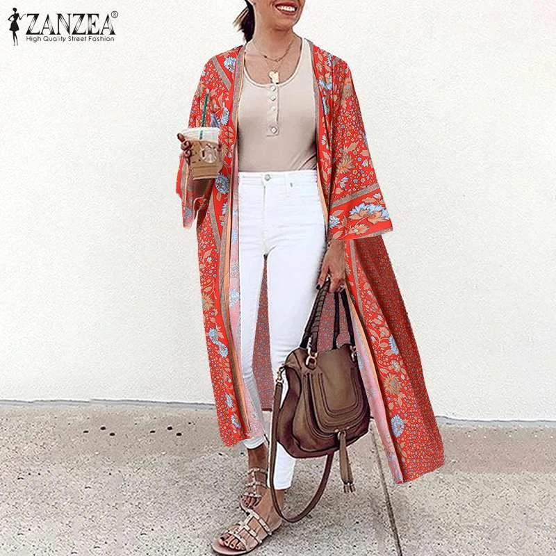 2021 ZANZEA Holiday Open Front Cardigan Floral Printed Kimono Woman Casual  Long Sleeve Cover Up Tops  Tunic Blouses