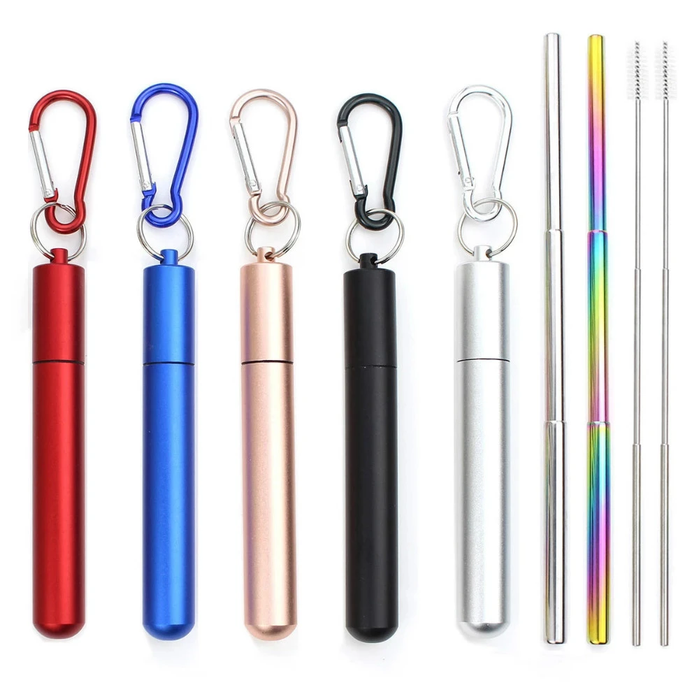 Telescopic Metal Drinking Straw Collapsible Reusable Portable Stainless Steel Straw with Case and Brush for Travel Outdoor