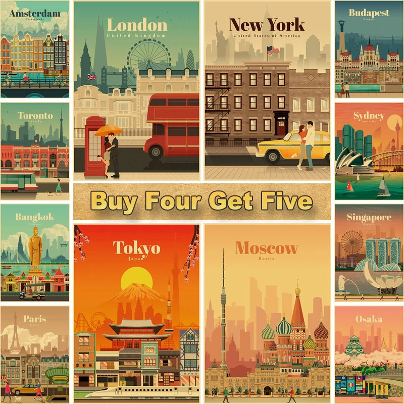 World Travel Minimalist Vintage Posters New York City Poster Kraft Paper Print Wall Art Decoration Picture Home Bar Cafe Decor