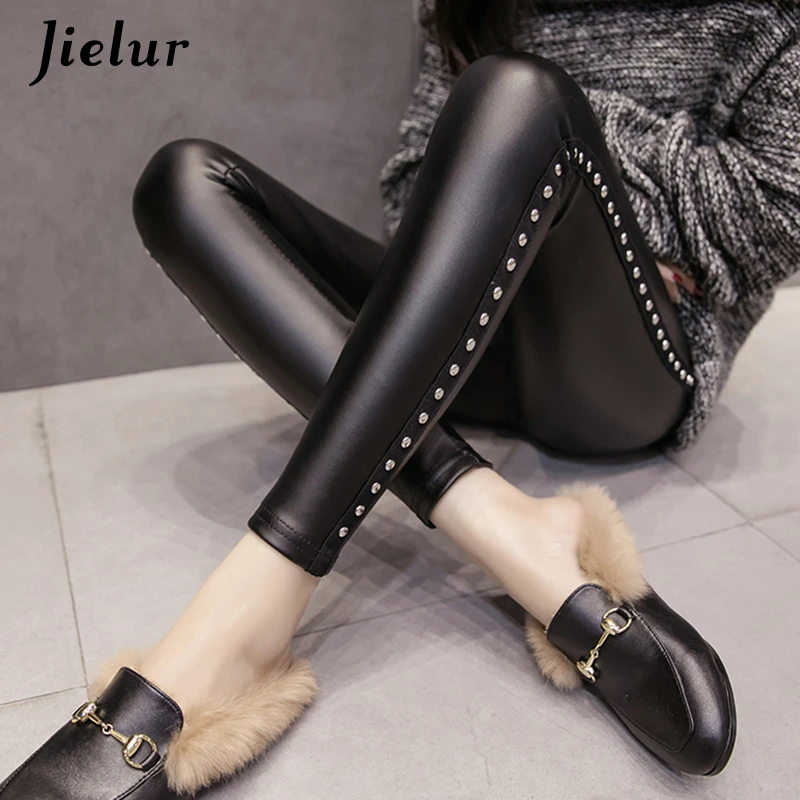 Jielur Winter Fleece Matte PU Leather Leggings Women Fashion Rivets Push Up Pencil Pants 4 Colors S-XXXL Lady High Waist Legging