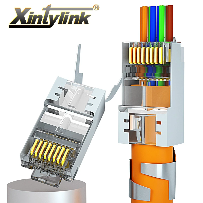 xintylink CAT8 CAT7 CAT6A rj45 connector 50U RJ 45 ethernet cable plug network SFTP FTP shielded jack 1.5mm hole pass through