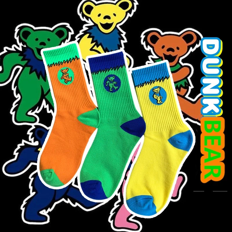 Vintages Style Crew Socks Grateful Bears Original Dunk Dancing Bear Sb Green Yellow Orange Blue Street Fashion SBs Deadhead GD