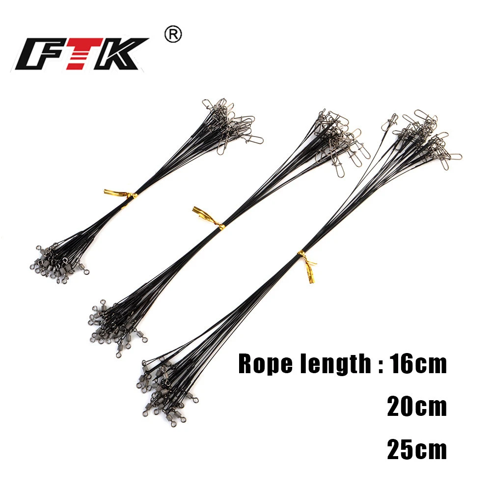FTK 20pcs 16/20/25cm Stainless Steel Wire Leader Fishing Leash With Swivel 50LB Anti-bite Line Leadcore Leash For Pike Fishing