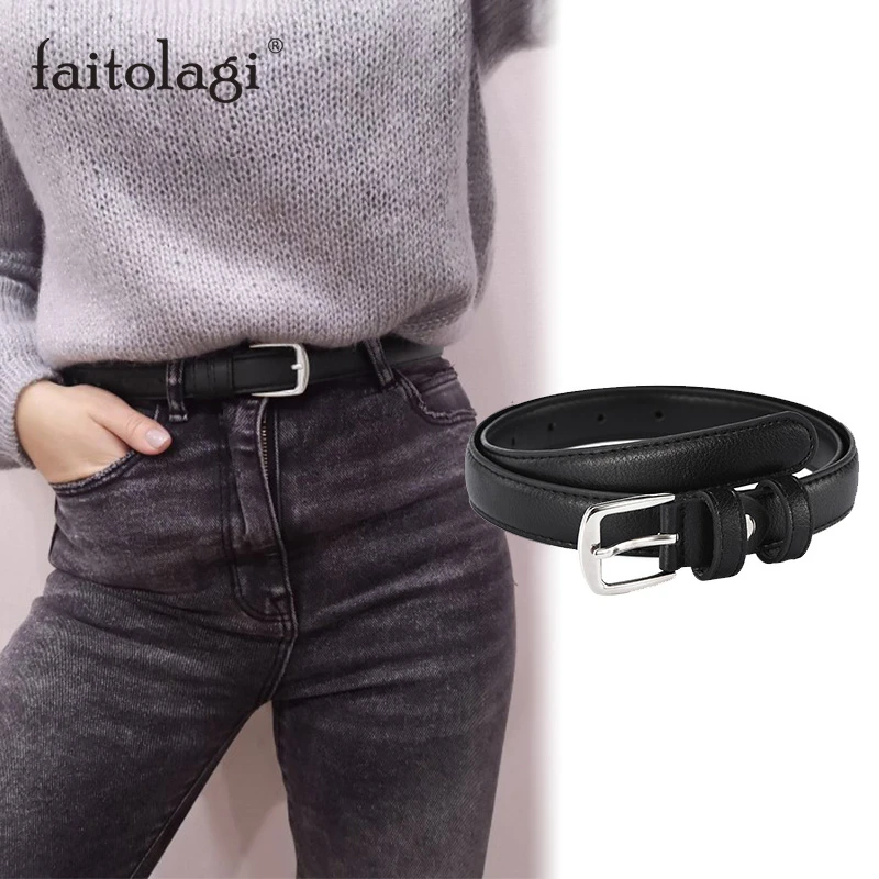 Fashion Antique Black Female Belt with Metal Buckle Faux Leather Woman Belt for Jeans Wild Thin Ladies Dress Waist Belt