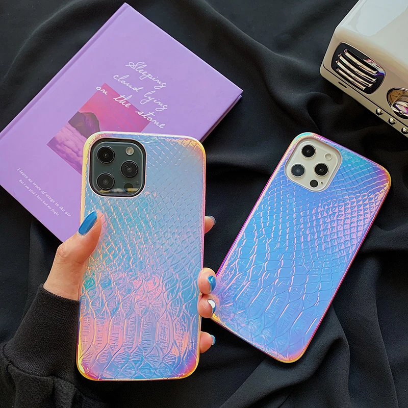 Laser Gradient Crocodile Texture Phone Case For iPhone 13 Pro 12 11 Pro Max XR X XS Max 7 8 Plus Soft Half-wrapped Phone Cover