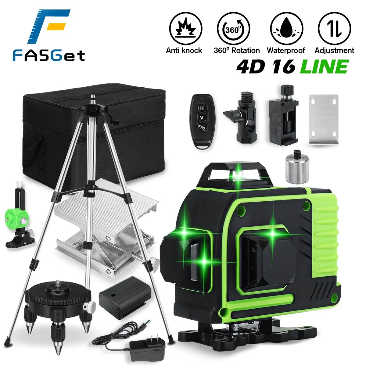 FASGet-16 Line 360 Horizontal Vertical Cross 4D Green Light Laser Level Self-Leveling Measure Super Powerful Laser Beam