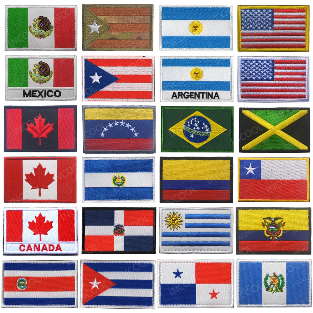 America Country Flags Mexico Puerto Rico Argentina United States Canada Brazil El Salvador Embroidered Patches Badges Wholesale