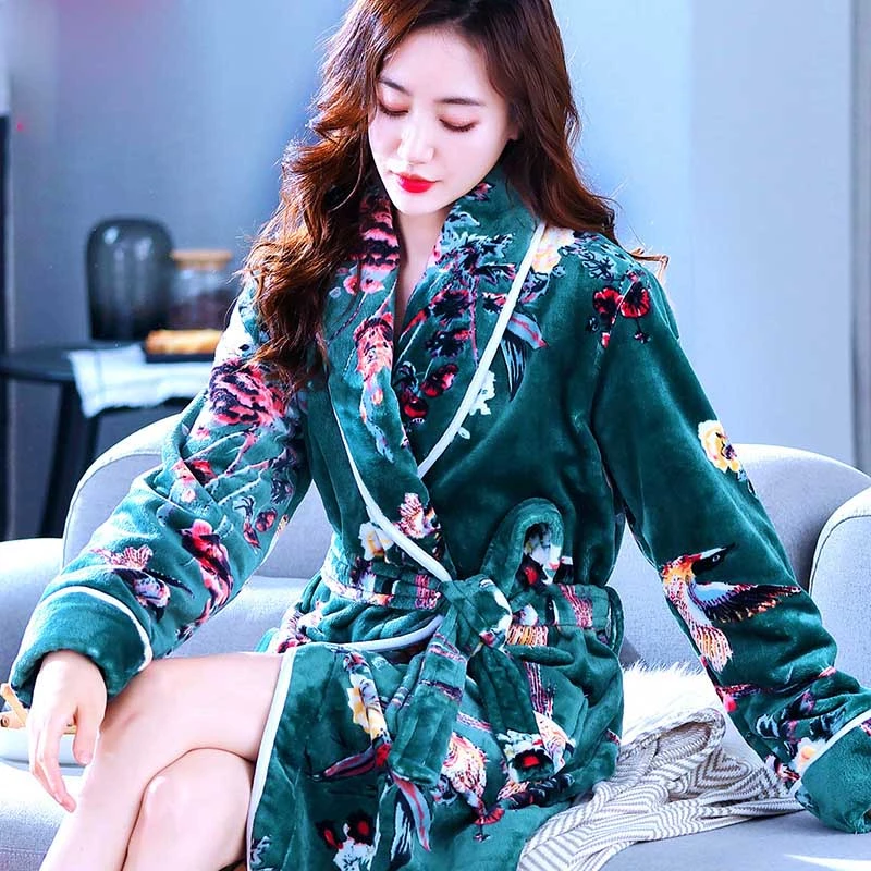 Women Winter Long Robe Warm Nightgown Nightdress Sleepwear for Female Bedgown Floral Girl Homewear Kimono Hotel Bathrobe