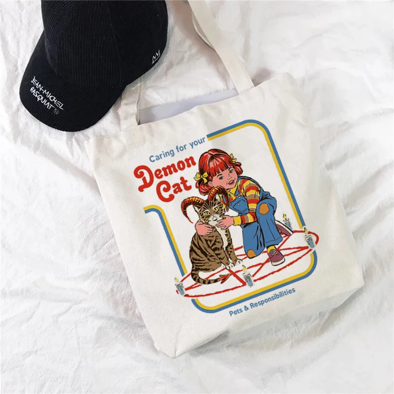 Women Canvas Shopping Bag Female Canvas Bag Satan Devil Cat Eco Handbag Tote Reusable Grocery Shopper Bags Students Book Bag