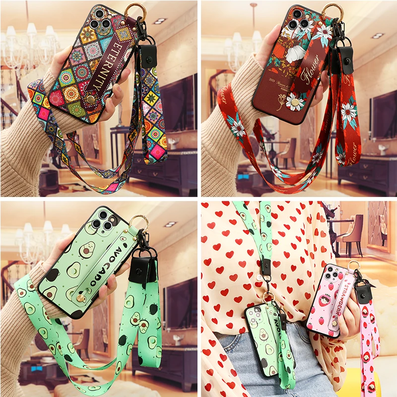 Wrist Strap Case For iPhone 12 mini 11 11Pro SE 2020 7 8 Plus 6 S 5 For iPhone 12 11 Pro X XR XS 13 Max Flower Neck Lanyard Etui