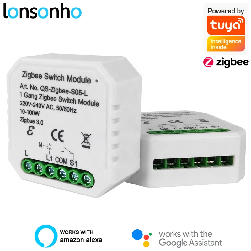 Lonsonho Tuya Zigbee Smart Switch Module No /With Neutral EU 220V Smartlife Zigbee2MQTT ZHA Yandex Alice Alexa Google Home