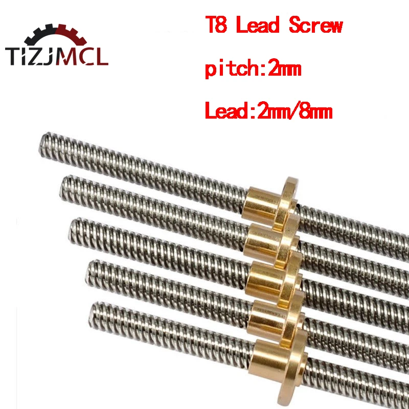 CNC 3D Printer T8 Lead Screw Trapezoidal Rod Lead 2mm/8mm Length100mm/200mm/400mm/500mm/600mm/800/1000mm/1200mm With Copper Nuts