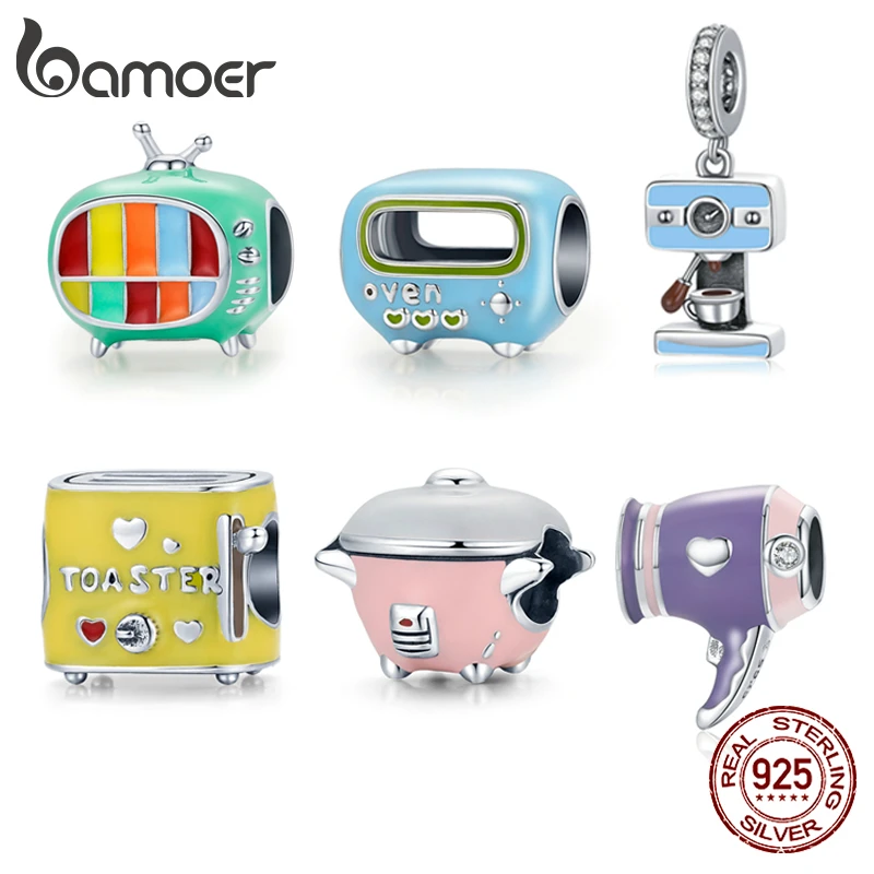 bamoer 925 Sterling Silver Cozy Color Enamel Charm Rice Cooker Toaster Blue Oven Hair Dryer Machine Charm for Bracelet SCC1862