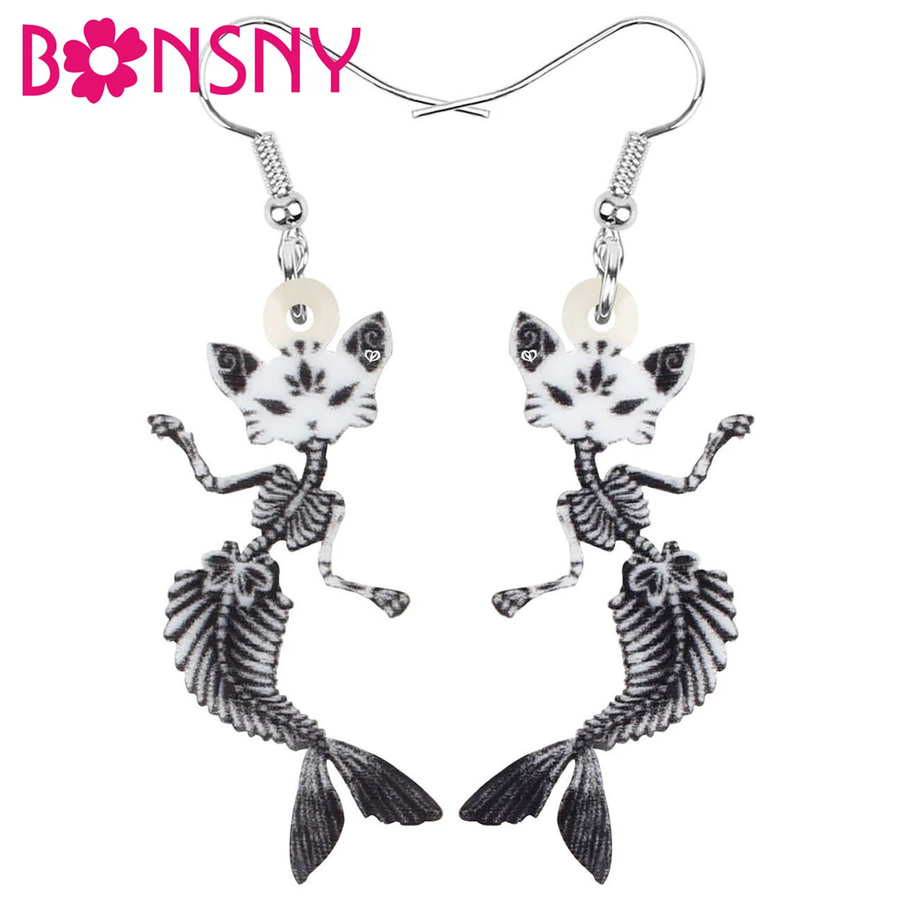 Bonsny Acrylic Halloween Gray Cat Fish Skull Earrings Cute Skeleton Dangle Drop Jewelry For Women Girls Trendy Gift Accessories