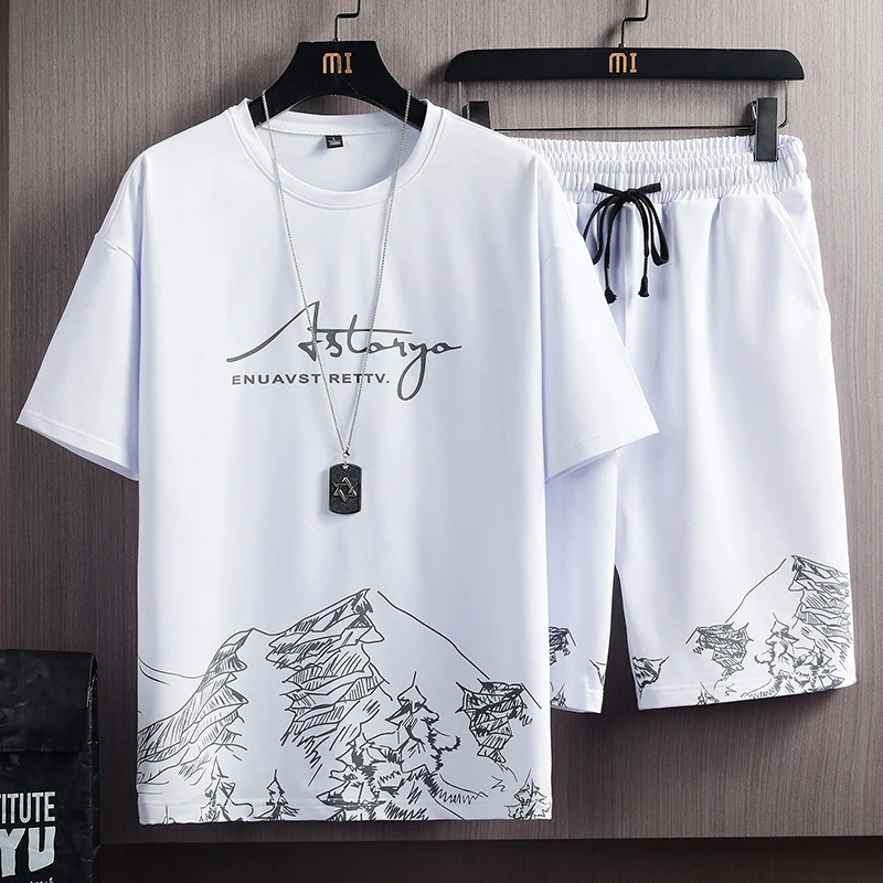 Summer New Men Casual Sets Pattern Printing Sport Suit Jogger Tracksuits Mens Sportswear Short Sleeve Tshirt+Shorts 2PCS Sets