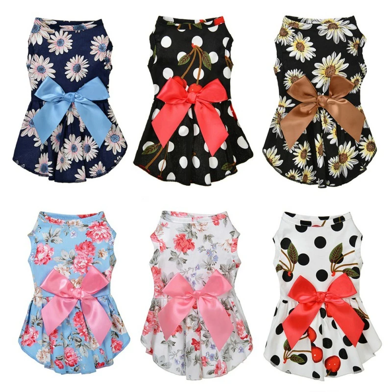 Summer Small Floral Dog Dress Bow Princess Dog Dress For Dogs Skirt Spring Princess Dog Wedding Dresses York Clothes Pet Dress