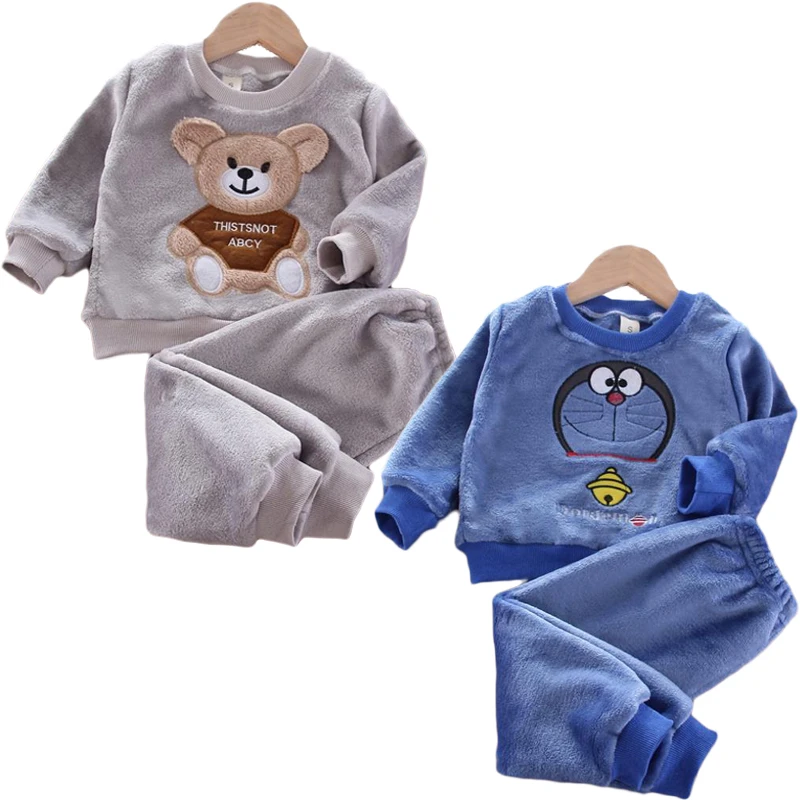 New Autumn Winter Baby Clothes Pajamas Sets Girls Pajamas Children Warm Flannel Fleece Catoon Bear Kids Sleepwear Home Suit 0-6Y
