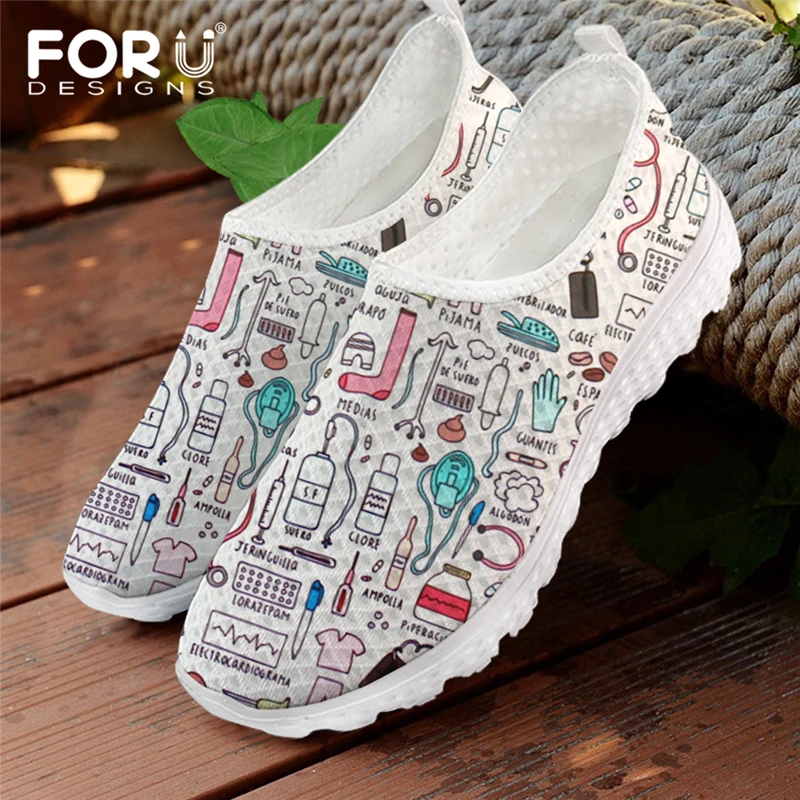 FORUDESIGNS Summer Women Breathable Mesh Shoes Flats Cute Nursing Pattern Women's Sneakers Nurse Beach Loafers for Ladies Shoes