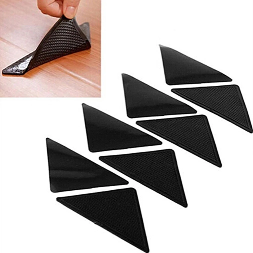 4Pcs Anti Skid Rug Carpet Mat Non Slip Grip Small Corners Triangular Pad Washable Removable Strong Adhesive Stopper Tape Sticker