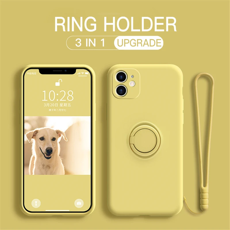 Liquid Silicone Case For Xiaomi 11 Redmi Note 9 8 7 Pro 9S 9C K30 Mi 10 CC9 Pro 9 SE 8 10 T Lite Stand Ring Holder Strap Cover