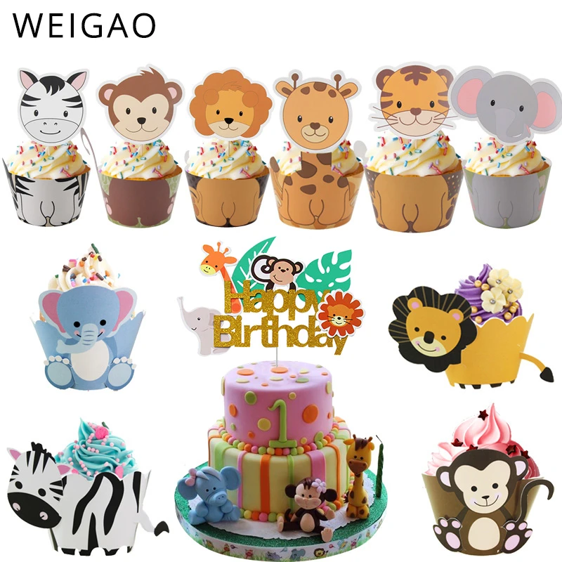 WEIGAO Safari Jungle Party Animal Cupcake Wrapper Cake Topper Birthday Cakes Party Decoration Kids Baby Shower Boy Girl Supplies