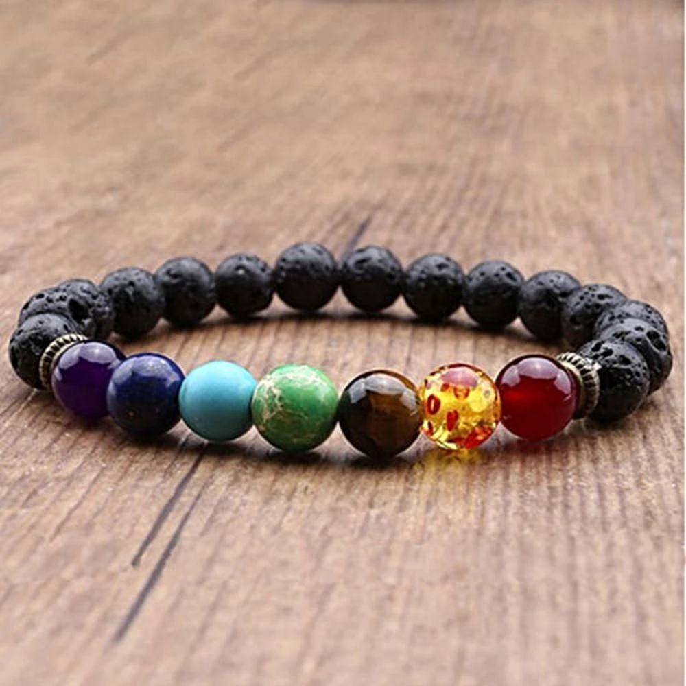 OAIITE 7 Chakra Healing Lava Stone Bracelet 8mm Natural Stone Bead Bracelet for Men Women Yoga Lucky Energy Bracelet